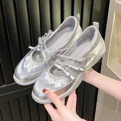 Silver Mary Jane Shoes for Women Sneakers Fashion Bowknot Cross Belt Buckle Casual Shoe Ladies Soft Leather Platform Ballet Shoe