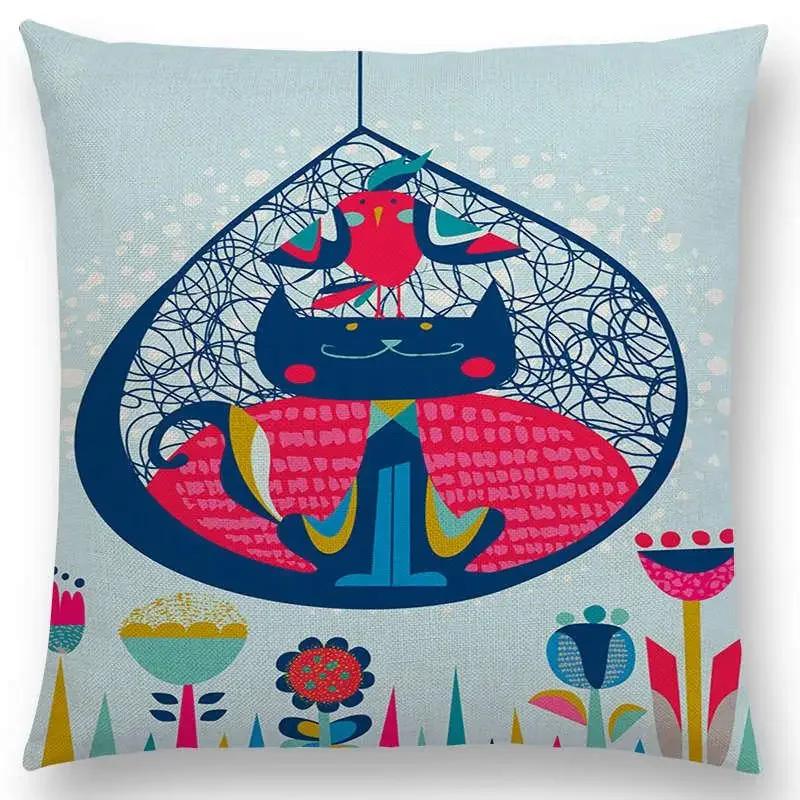 Cartoon Sofa Überwurf Kissenbezug Bunte Tiere Vogel Katze Reh Pfau Eule Blumen Lied Kissenbezug