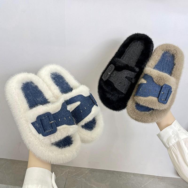 Fashion Internet Celebrity Platform Plush Slippers for Women's Outward Wear, New Velvet Cotton Mops for Autumn and Winter 2025