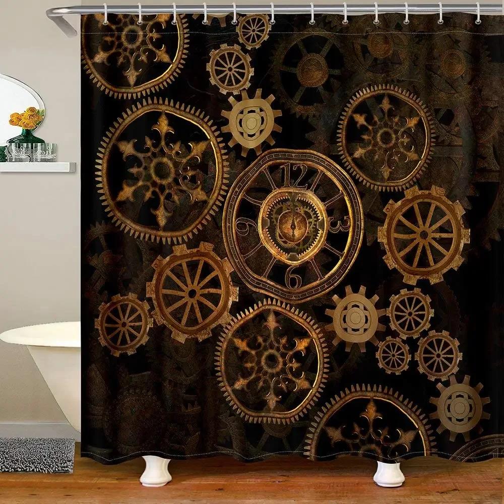 Retro Steampunk Clocks and Gears Shower Curtain Mechanical Clocks Details Over Old Metal Cloth Fabric Bathroom Curtain Set,hooks