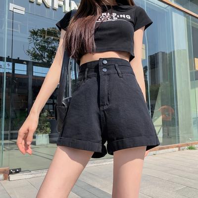 Skinny Fashionable Versatile Black Ultra-high-waist Denim Shorts Female Design Sense Double-button Loose Thin Outside Straight Rolled Wide-leg Pants