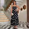 Damen Sommer Maxikleid mit Polka-Dot und Streifenprint, Spaghettiträgern, Stufenrock, Lässiger Lockerer Schnitt, Langes Kleid