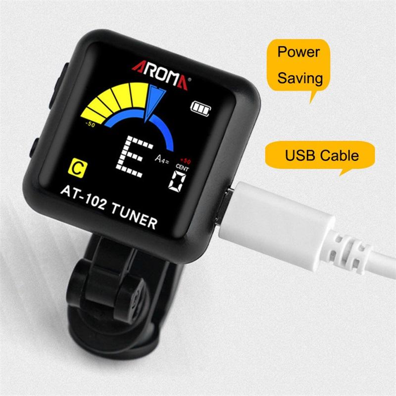Rechargeable Tuner AT-102 Black Blue White USB Rechargeable Built‑in Battery Large LCD 360 Degree For Guitar/Bass/Ukulele/Violin