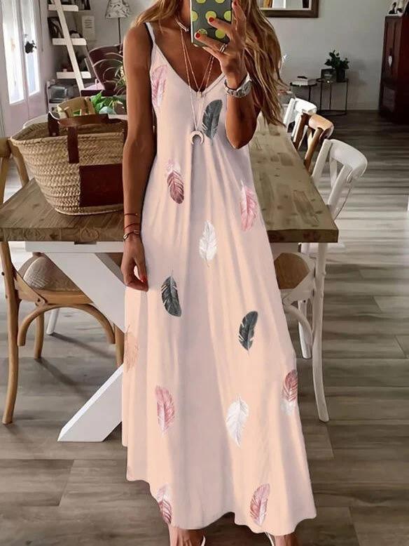 Damen V-Ausschnitt Ärmellos Spaghettiträger Maxikleid Lockerer Schnitt Federdruck Fließendes Langes Kleid Sommer Strandurlaub Freizeitkleid