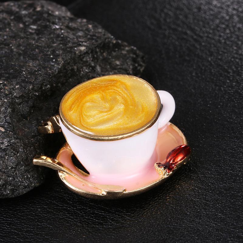 Fashion Coffee Cup Spoon Disc Shape Brooches White Enamel Gold Color Brooch Pins