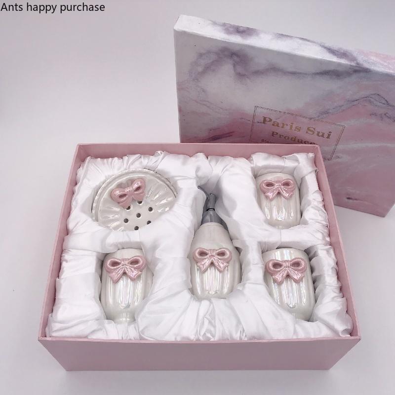 Girl Wind Ceramics White Bow Bathroom Five-piece Suit Toiletries Bathroom Kit Accessories Mouthwash Cup Lotion Bottle Soap Dish