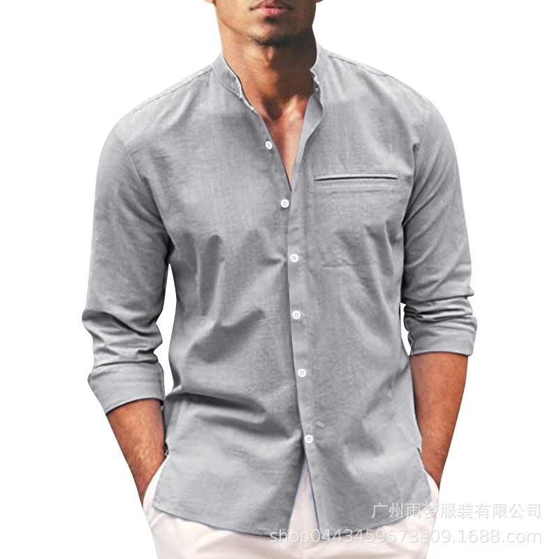 Men's Long Sleeve Cotton Linen Shirt, Mandarin Collar Button-Up Shirt, Solid Color Casual Top