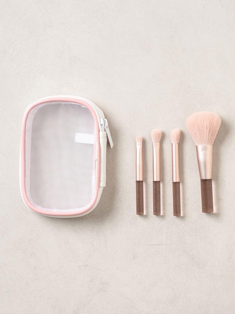 Mesh Pouch & Makeup Brush 4-Piece Set