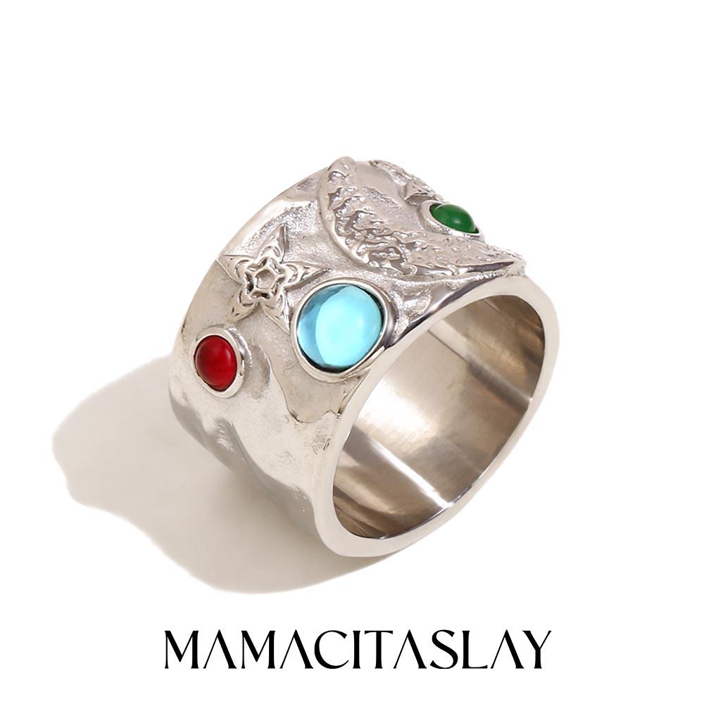 

MamacitaSlay 316L Stainless Steel Star Moon Wide Edge Ring 18K Gold Plated Waterproof Jewelry Women s Charm Ring High Quality 6 серебряный