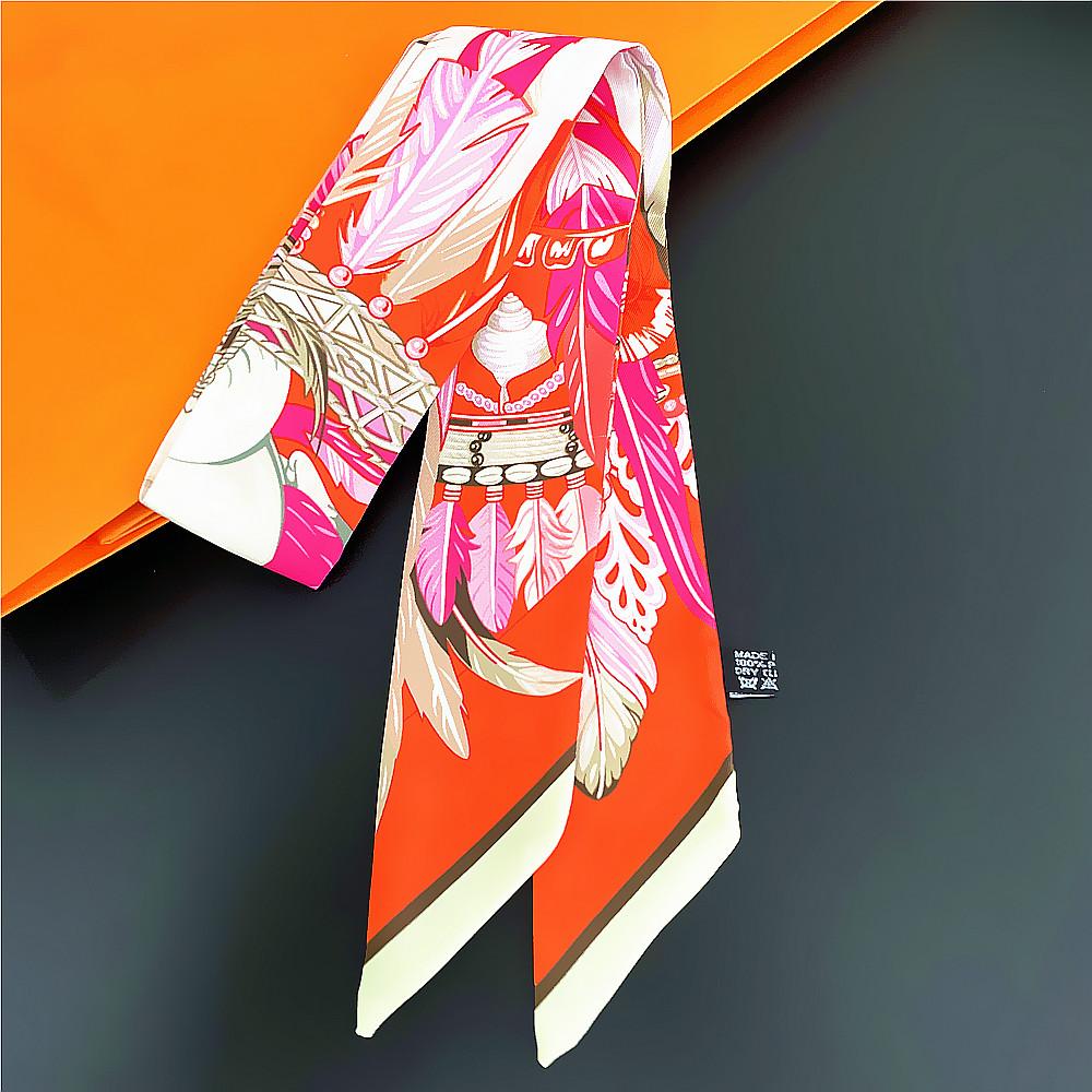Europe Fashion New Animal Feather Pattern Ladies Leisure Decoration Twill Long Strip Streamer Silk Scarf Tie Bind a Bag Ribbon