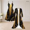 Women Plus Size Black Gold Printed Two Piece Set Long Sleeve Open Front Cardigan Strappy V Neck Flared Dress