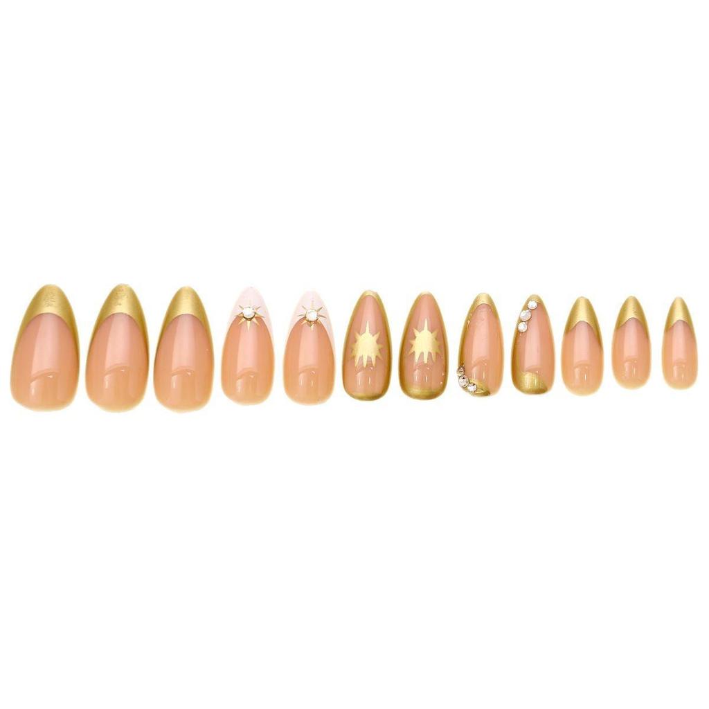 European & American Style Nude Pink Gold Almond Nails with Starry Sky Sequins