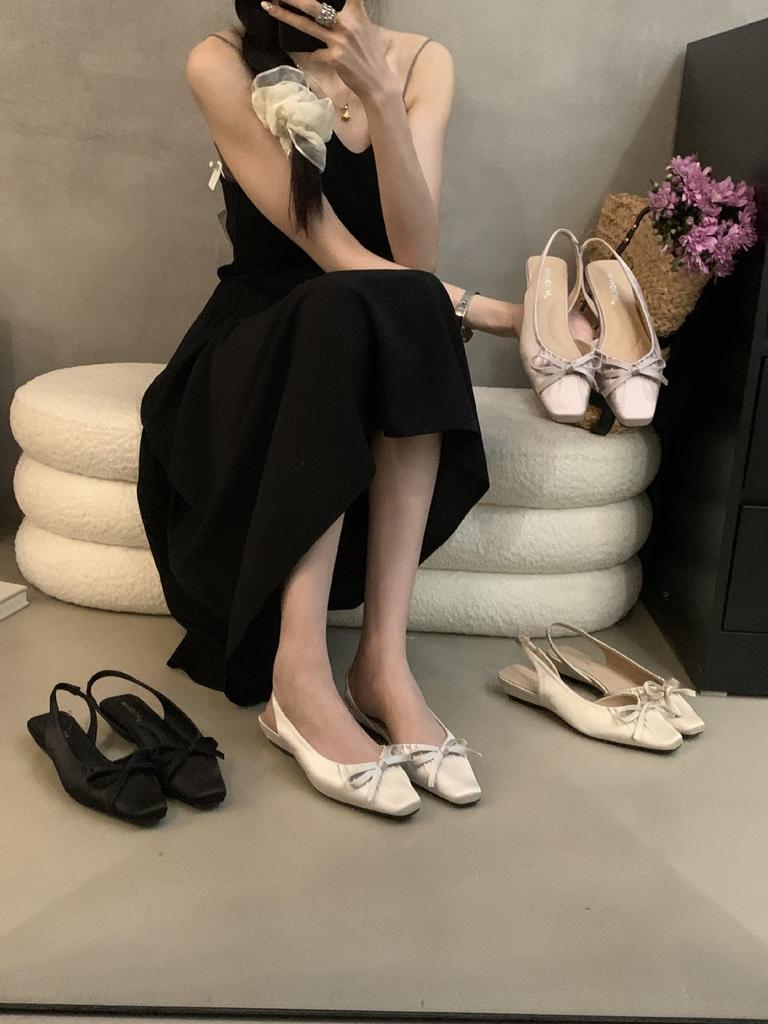 French Beauty Bow Pointed Head Sandals 2025 New Satin Back Strap Thick Heel Single Shoes