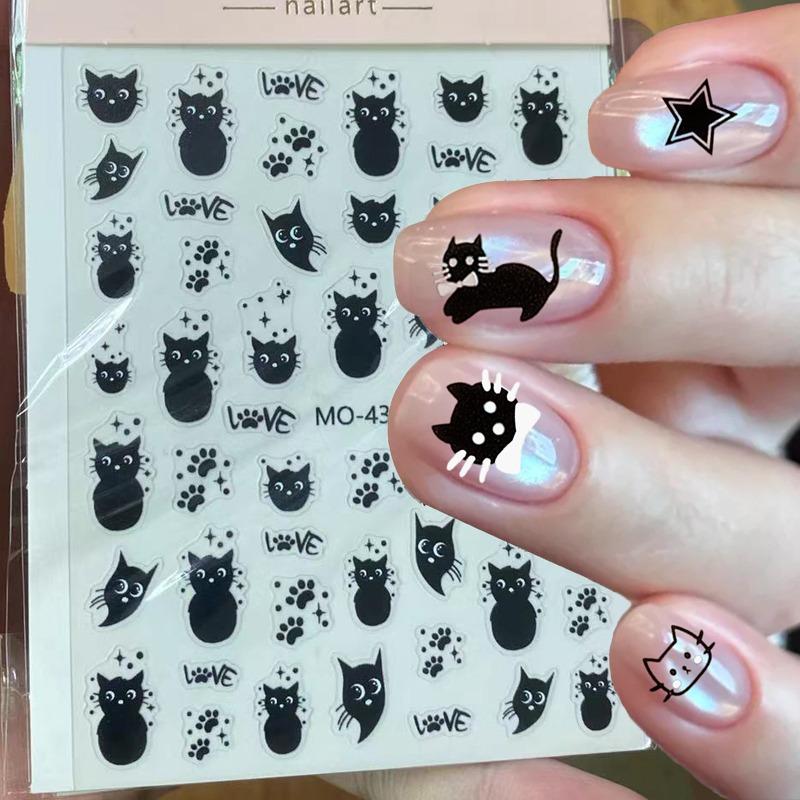 1-6pcs Black Cat Stickers Cute Cartoon Graffiti Cat Nail Stickers Art Self Adhesive Decals Heart Bowknot Stars Manicure Tools
