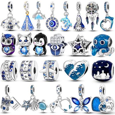 2024 Blue Series Silver Plated Heart Owl Octopus Cute Cat Charms Fit Original  Beads Pendent Dangle Bracelet DIY Women