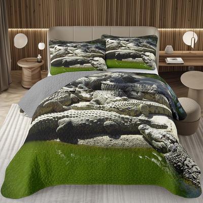 Teens Crocodile Bedspread Alligator Pattern Coverlet Set Full Queen Size Wildlife Animal Quilted Bedding Set for Kids Boys Girls