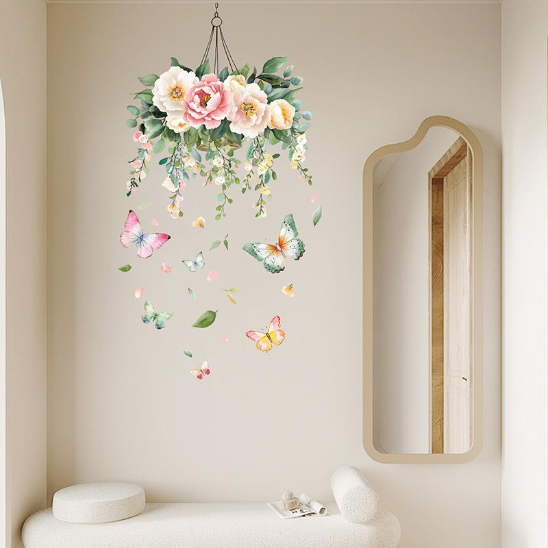 Camellia Peony Wall Stickers Self Adhesive Floral Hanging Basket Decal for Bedroom Girls Room Door Home Decor Vinyl Art