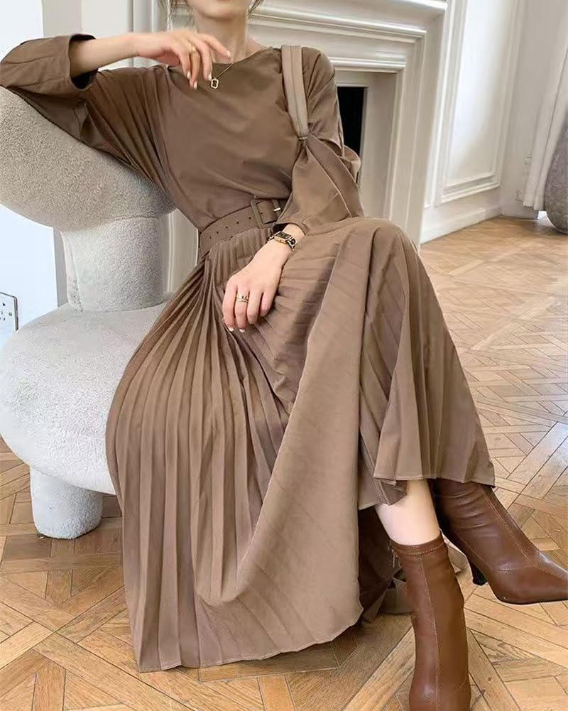 Formal Dress Essential for Autumn Outfits Butt Wide Pleated Waist Long Maxi Elegant Formal Wear [Collecala] - - Sleeves, Dress, Belt, A-Line Flare,