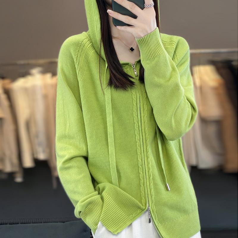 Dámský kardigan s kapucí na dvojitý zip pro podzimní a zimní módu Všestranná teplá pletená bunda Všestranná mikina s dlouhým rukávem