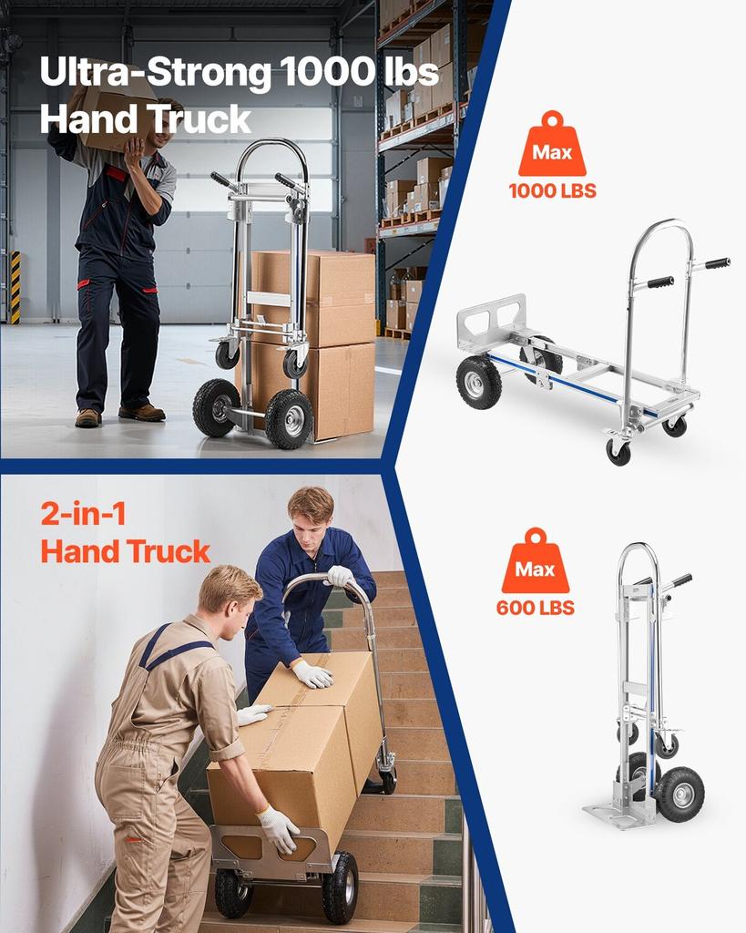 2 In 1 Hand Truck, 453.6 Kg Load Capacity for 4-Wheel Mode, Convertible Hand Truck Dolly with Non-Slip Handle & Wheels, Portable Trolley Dolly for