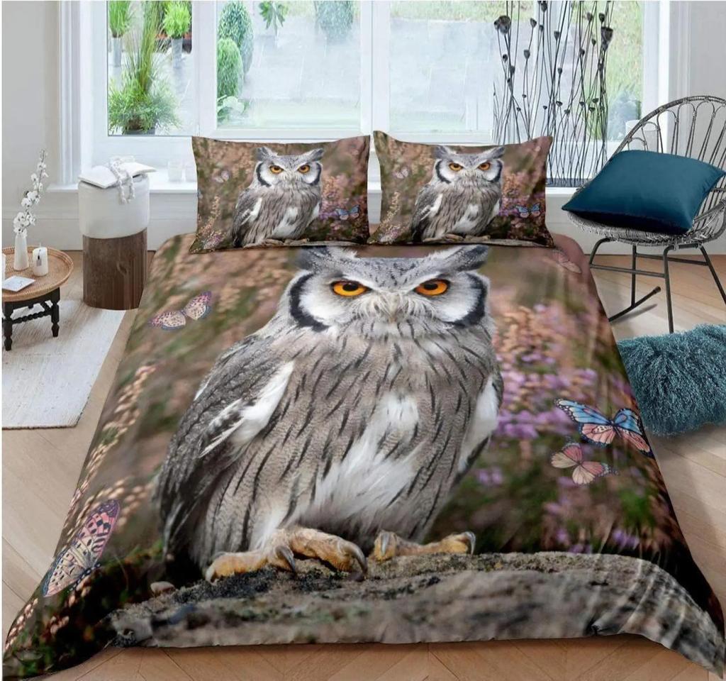Owl King Queen Duvet Cover Adorable Funny Cartoon Animal Bedding Set for Kids Boy Colorful Wildlife 2/3pcs Polyester Quilt Cover