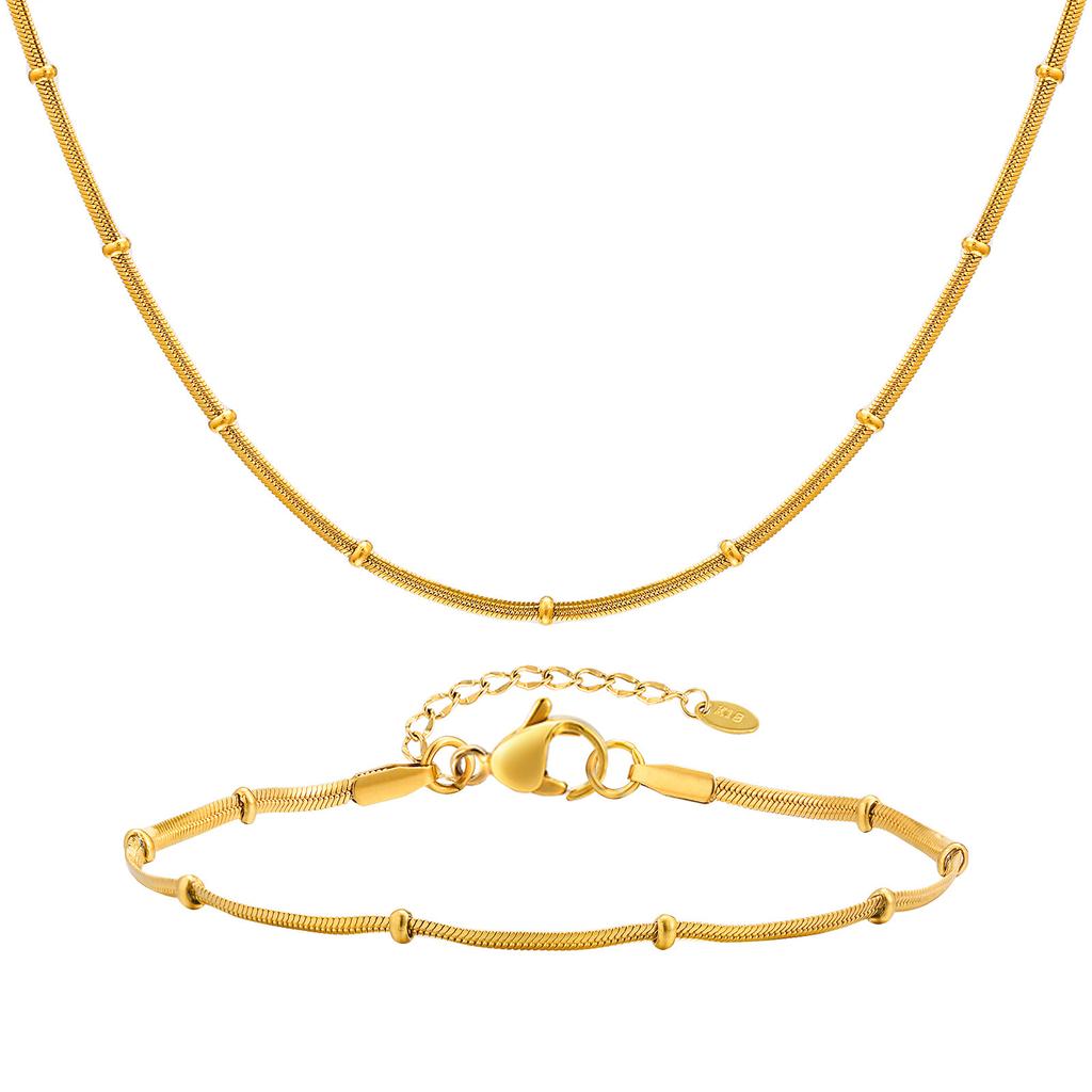 Fashion Personality, Stainless Steel Flat Snake Chain With Beads Gold Bracelet Necklace Ladies 2304