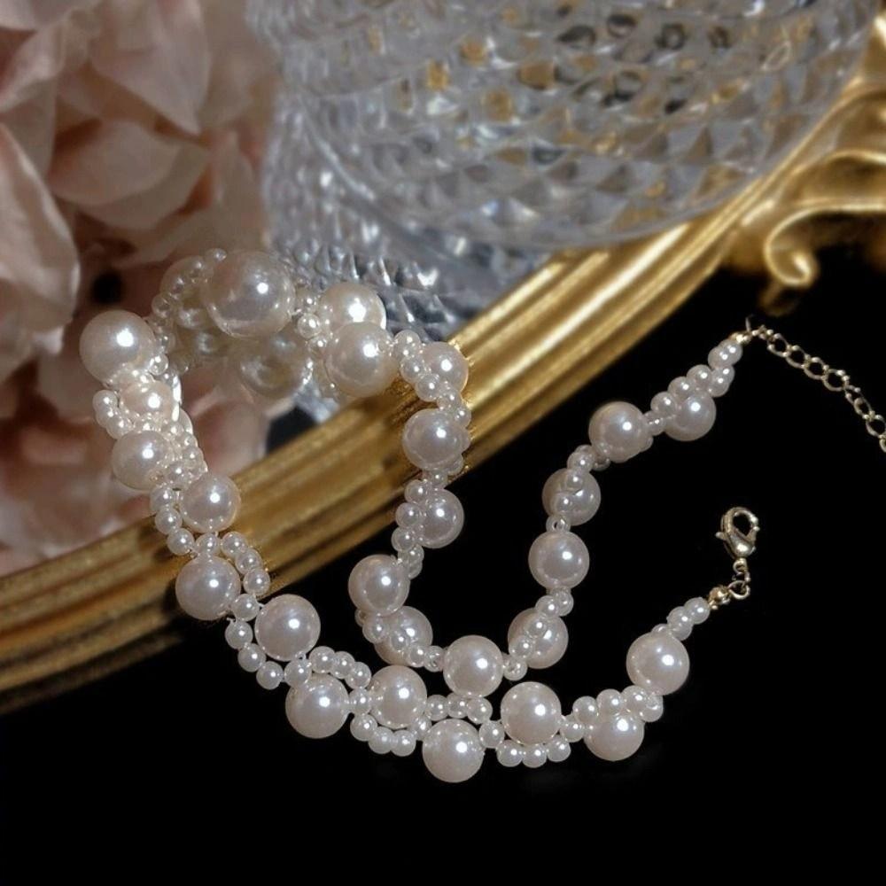 Chain Choker Pearl Beaded Jewelry Suit Hand Bangle Women Jewelry Set  Wedding