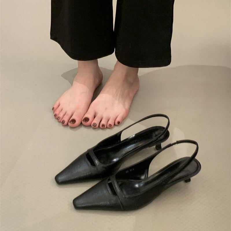 

Весенние французские ретро универсальные туфли на шпильке с высоким каблуком, одинарные туфли на каблуке-рюмочке, темпераментные кожаные сандалии с острым носком для женщин 40 чёрный