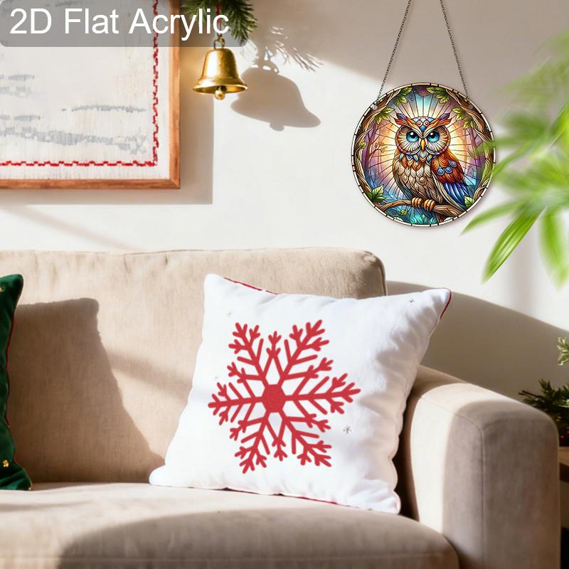 Acrylic Mystical Forest Owl Stained Glass Style Suncatcher, 2D Flat Acrylic Window Hanging Ornament for Fantasy & Nature Lover Gifts