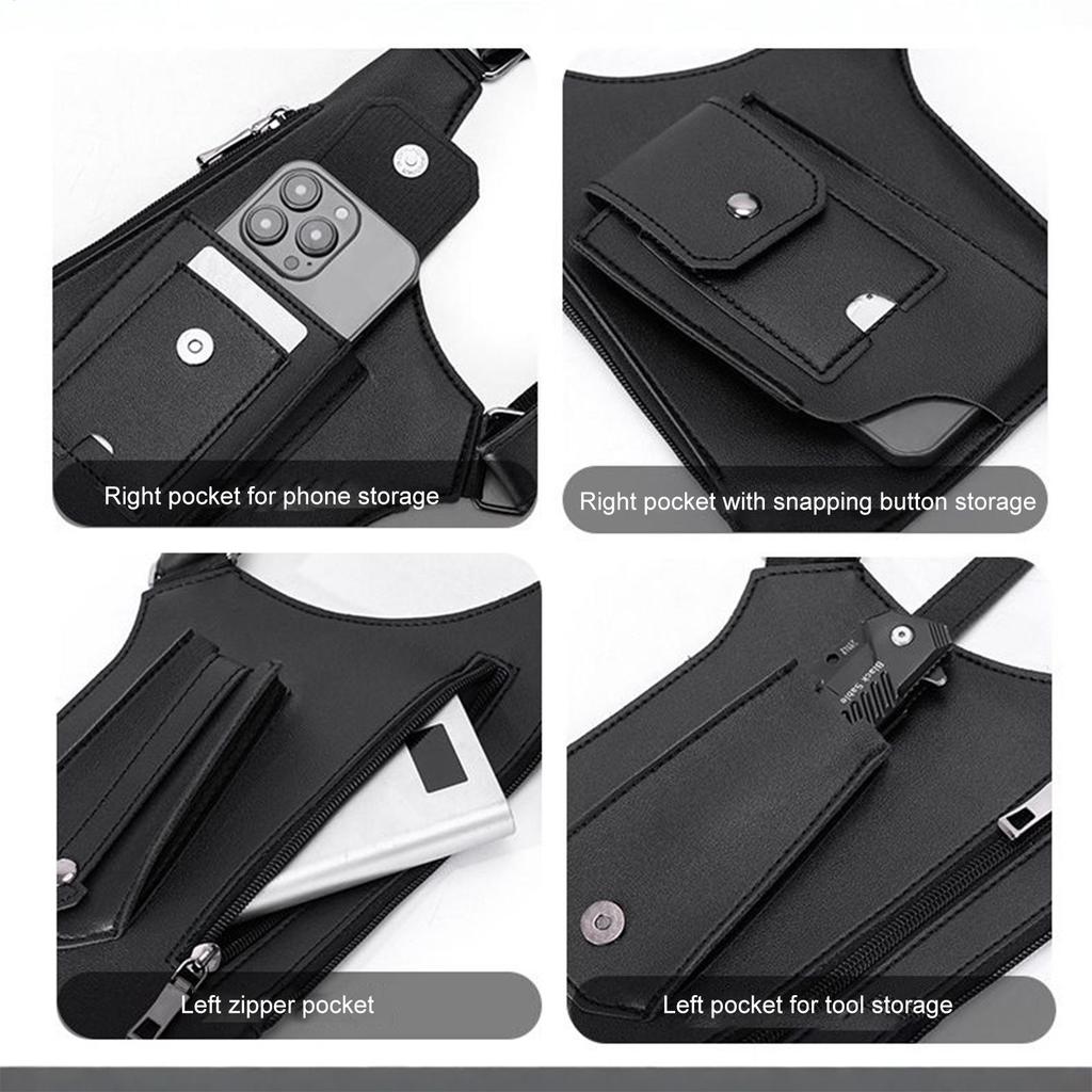 Double Shoulder Strap Multi-Pocket Outdoor Anti-Theft Tactical Fishing Bag Waterproof PU Multi-Purpose Vest Style Crossbody Bag