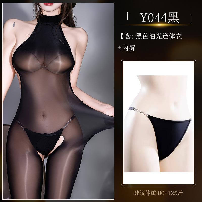 Sex underwear oily and shiny D tight-fitting package feeling silky and ultra-thin horse oil men's and women's neck open crotch stockings onesie