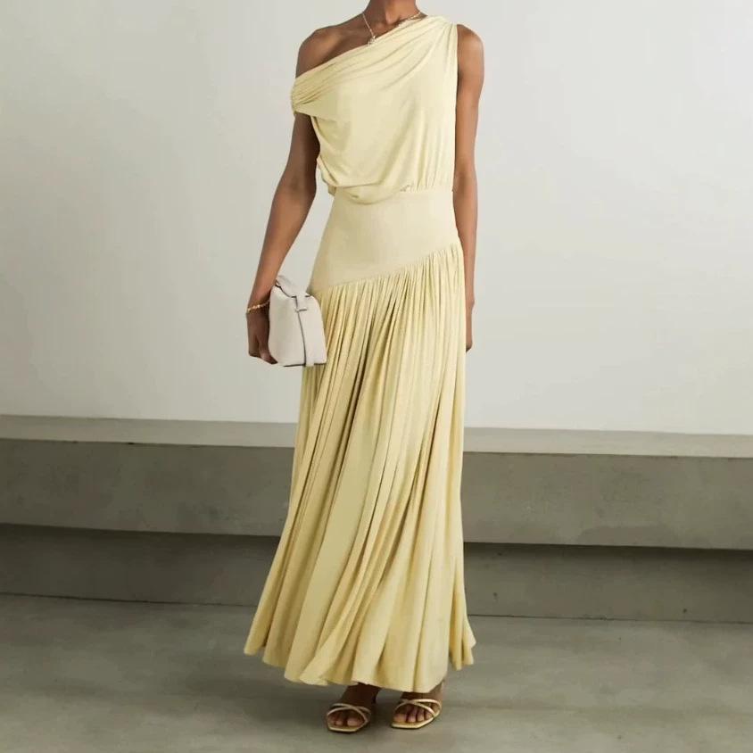Fashion Casual Sexy Style Irregular Slant Neck Pleated Solid Color Dress Seaside Vacation Dress