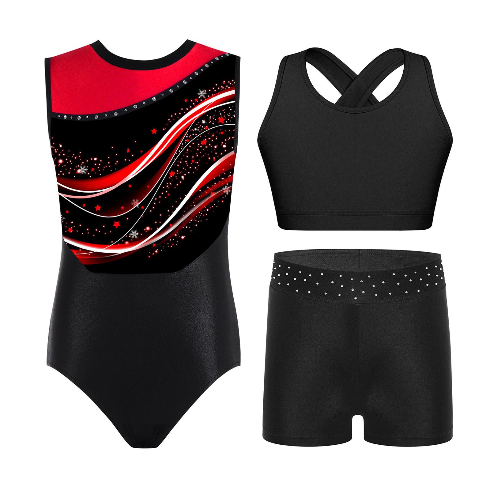

Girls Sleeveless Dance Outfit Color Block Leotard Rhinestone Waistband Shorts Cross Back Vest Set 5-6 Years червоний