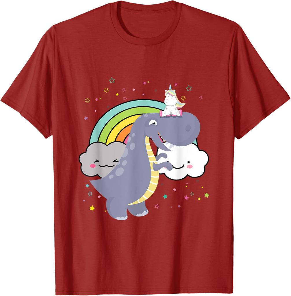 Dinosaurier reitet Einhorn Regenbogenwolken Grafik T-Shirt Lässiges Kurzarm Baumwoll-T-Shirt