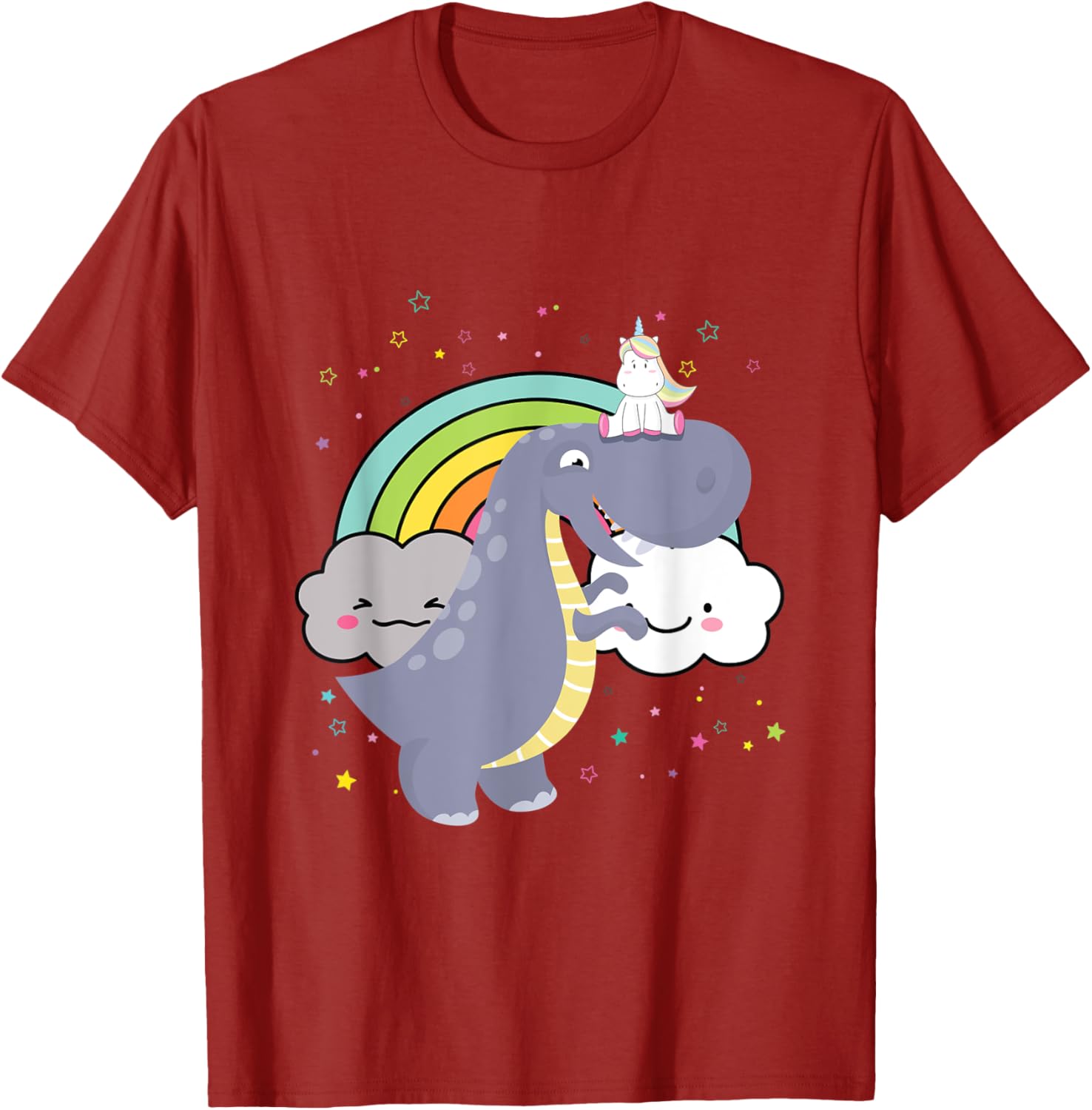 Dinosaur Riding Unicorn Rainbow Clouds Graphic Tee Casual Short Sleeve Cotton TShirt S