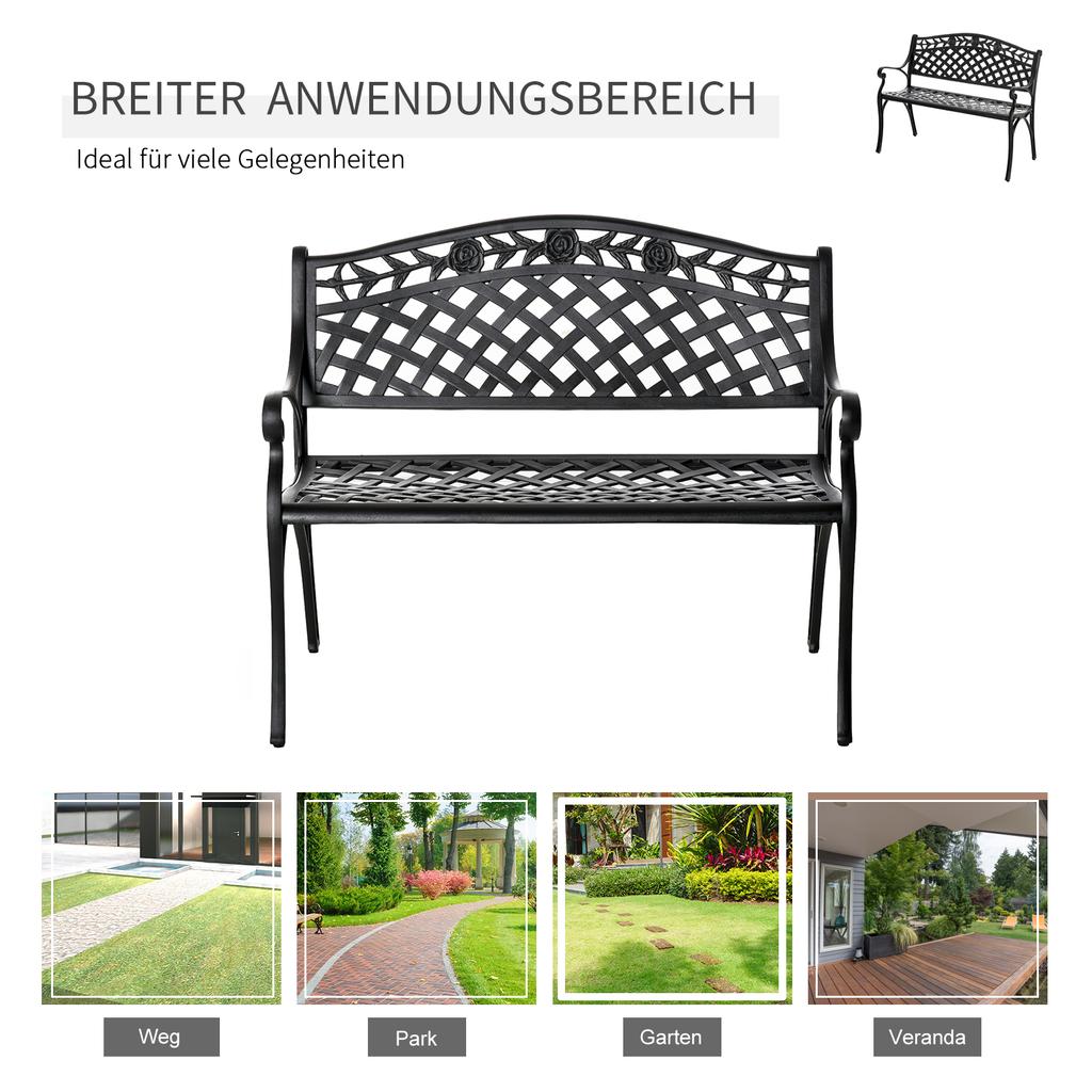 Panca a 2 Posti Panca da Giardino in Alluminio Panca in Metallo Panca con Braccioli Stile Casa di Campagna Nero 102,5 x 61 x 84 cm