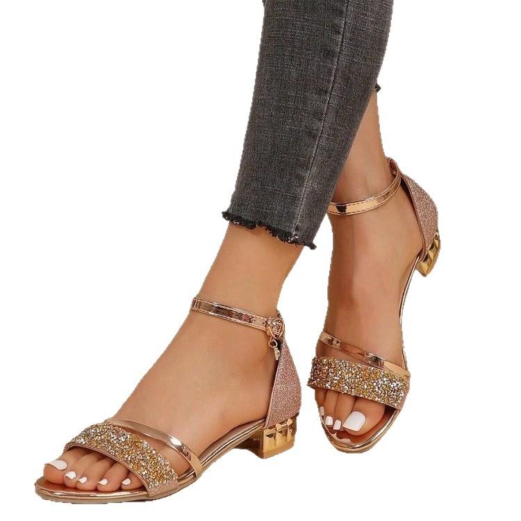 Summer New European and American Style Solid Color Rhinestone Decoration Low Heel Large Size Sandals Size