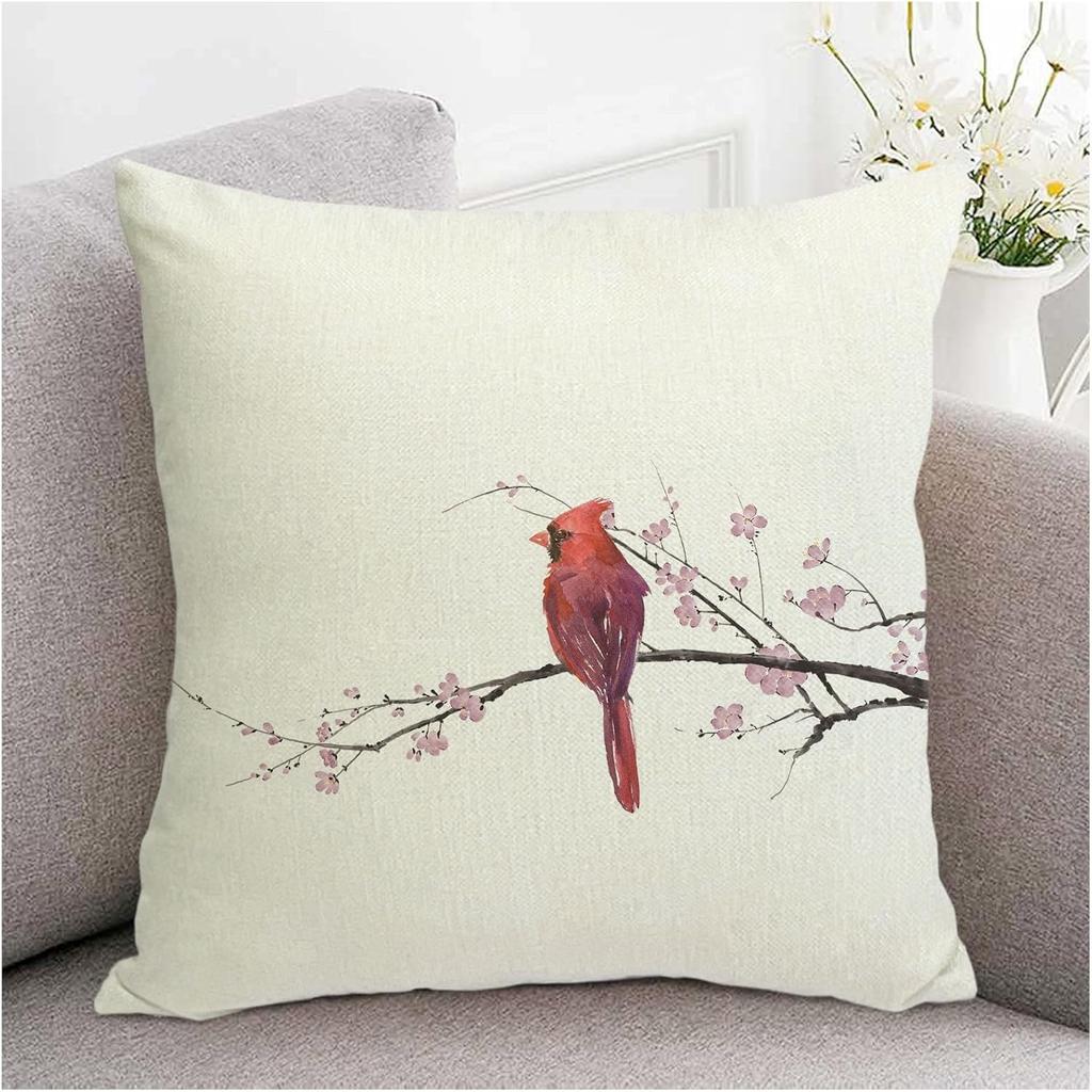 Farmhouse Summer Pillow Covers 18x18 Inch Bird Decorative Outdoor Square Linen Pillowcase Cushion Case for Sofa Couch