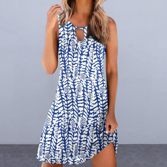 O-Neck Sleeveless Front Hollow Summer Dress A-Line Loose Hem Bohemia Retro Printing Women Mini Dress
