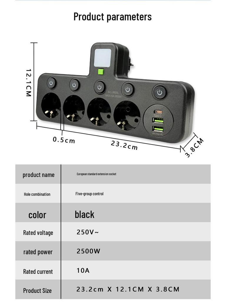 Tomada Europeia 16A 3-em-1 com Interruptor Individual e Luz Noturna, Certificado CE Adaptador Francês/Europeu