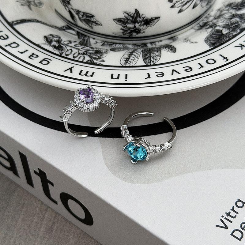 Light Luxury, Sweet And Cool Sugar Cube, Purple And Blue Colored Treasure, Open Ring, Diamond-Set Zircon Niche Design, High-End Stacked Ring Woman