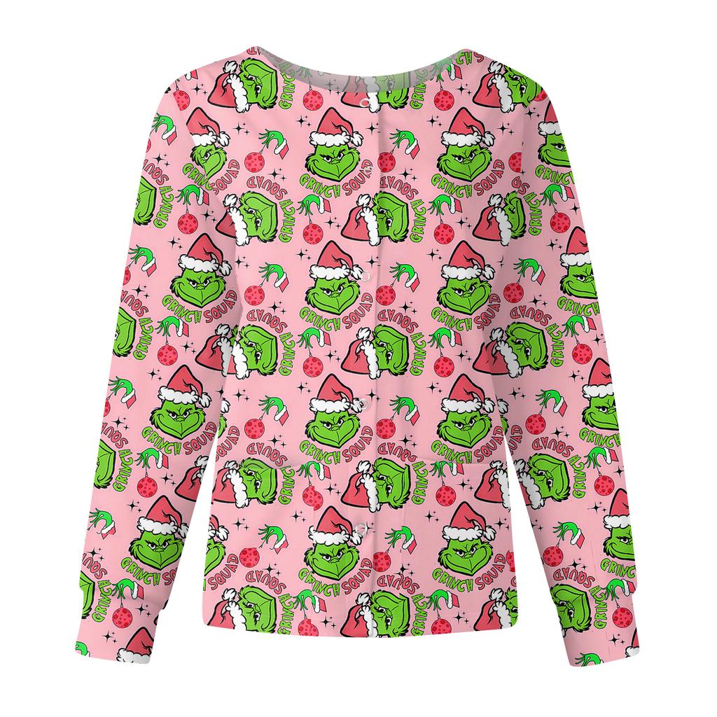 Women's Casual Fashion Long Sleeve Standing Collar Single Breasted Christmas Print Workwear Jacket Tops