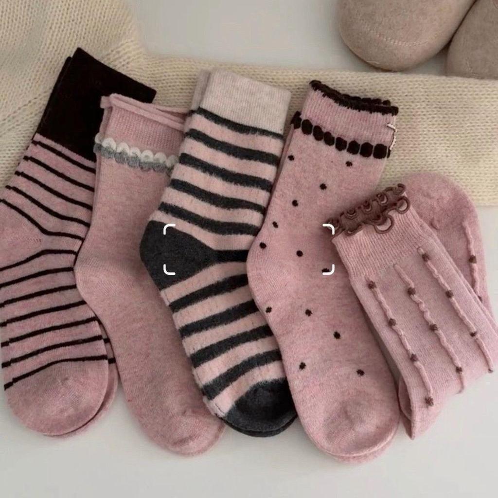 Girls' Thick Striped Mid-Calf Socks - Pink Sweet Korean Style Cotton for Autumn/Winter