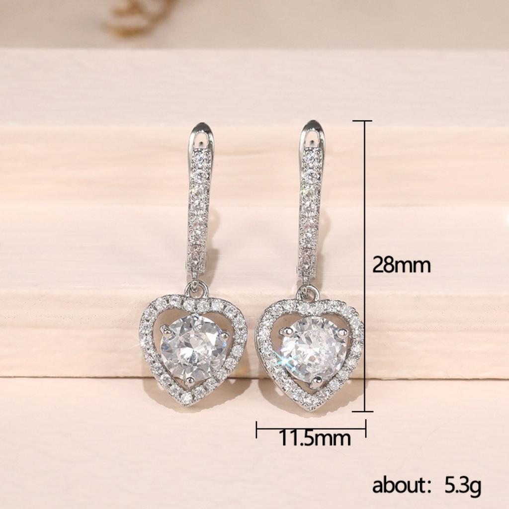 Hollow Heart Halo Round Center Stone Dangle Leverback Earrings Women Drop Ear Jewelry