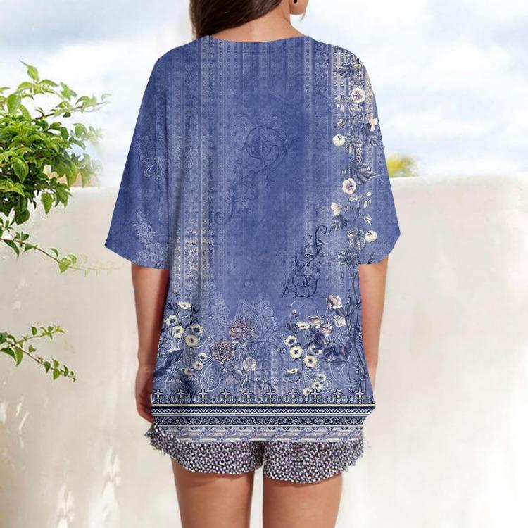 Floral Printed Womens Casual T Shirt Loose Short Sleeve Round Neck Fashion Top