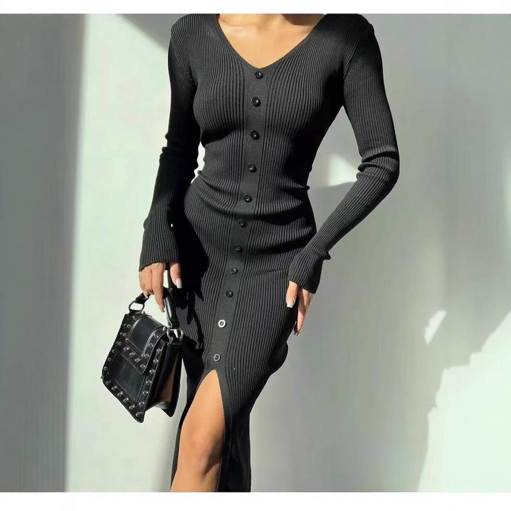 V-neck Mid-length Split Single-breasted Knitted Bodycon Dress