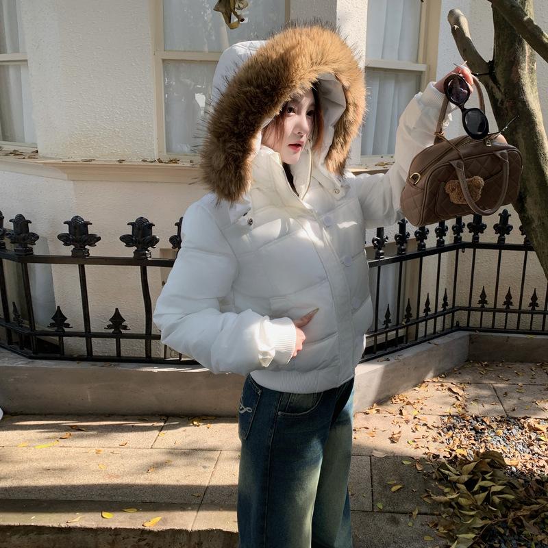 Giacca Corta Imbottita in Cotone Blu Navy Versatile Invernale con Cappuccio e Collo di Pelliccia Nuova Donna Calda Ispessita Giacca Imbottita in Piuma e Cotone