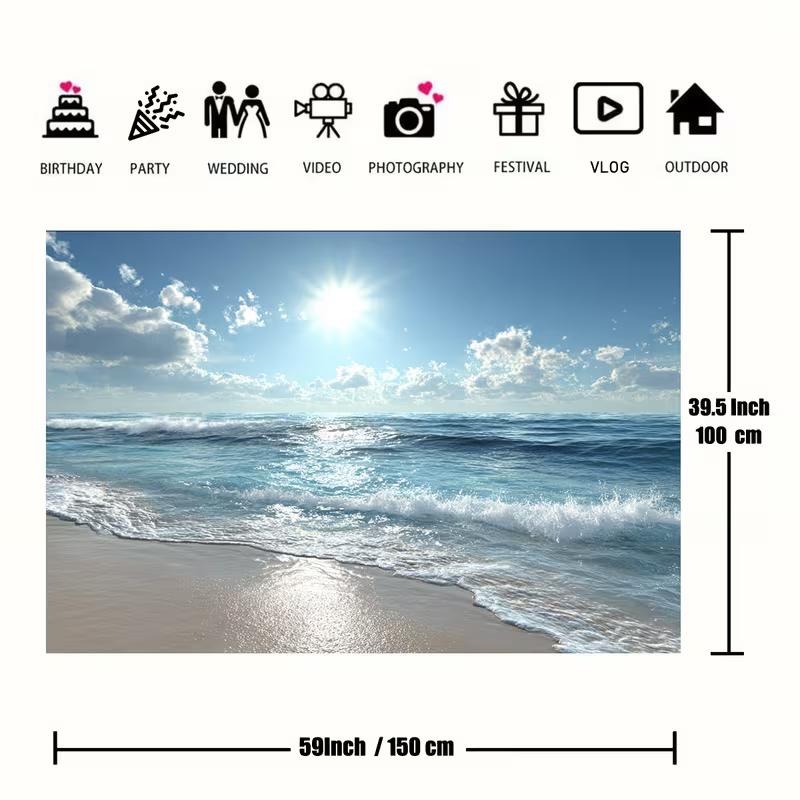 2D Bright Coastal Tapestry Ocean View with Sparkling Sunlight and Turquoise Waves Wall Art