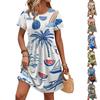 Damen Kurzarm Hawaii-Print Lässiges Kleid Rundhalsausschnitt Mit Taillenband Und Taschen Sommer Strandmode Leicht Bequem