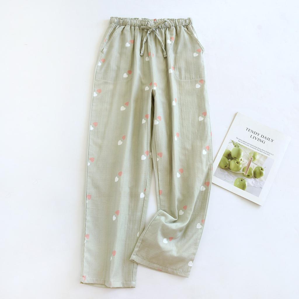 2026 New Women's Spring/Summer Sleeper Pants 100% Cotton Gauze Heart Shaped Thin Printed Pants Home Pants Lounge Wear